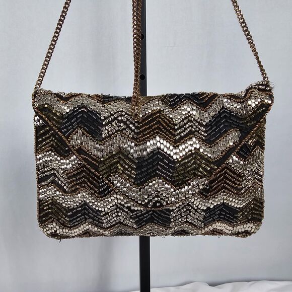 Beaded Studded Crossbody Bag Chain Strap Made in India 10" x 7" - Picture 1 of 8